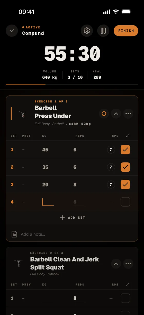 Delta logger — active workout set table