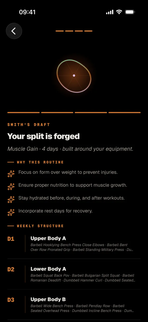 Delta AI Routine Creator with a generated four-day split