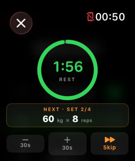 Delta rest timer on Apple Watch — next set and quick adjust